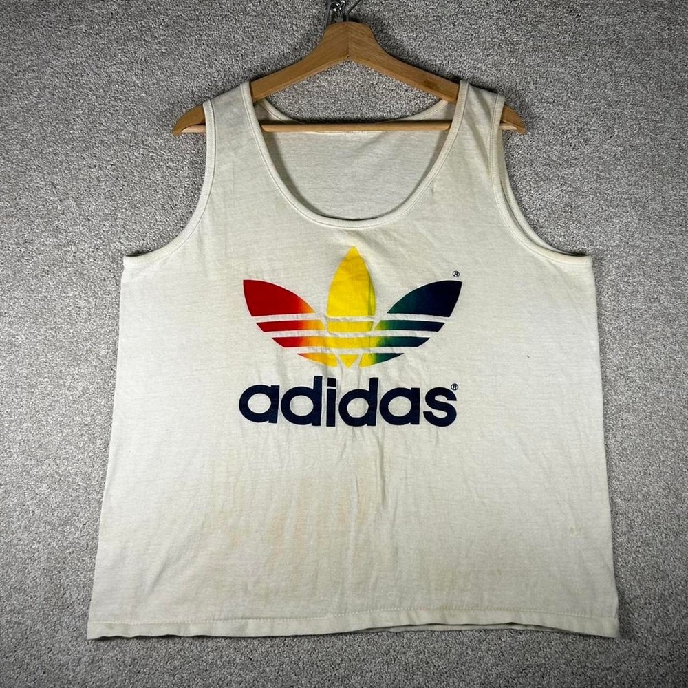 Vintage 80s Adidas white rainbow logo retro boxy athletic tank top Size L/XL